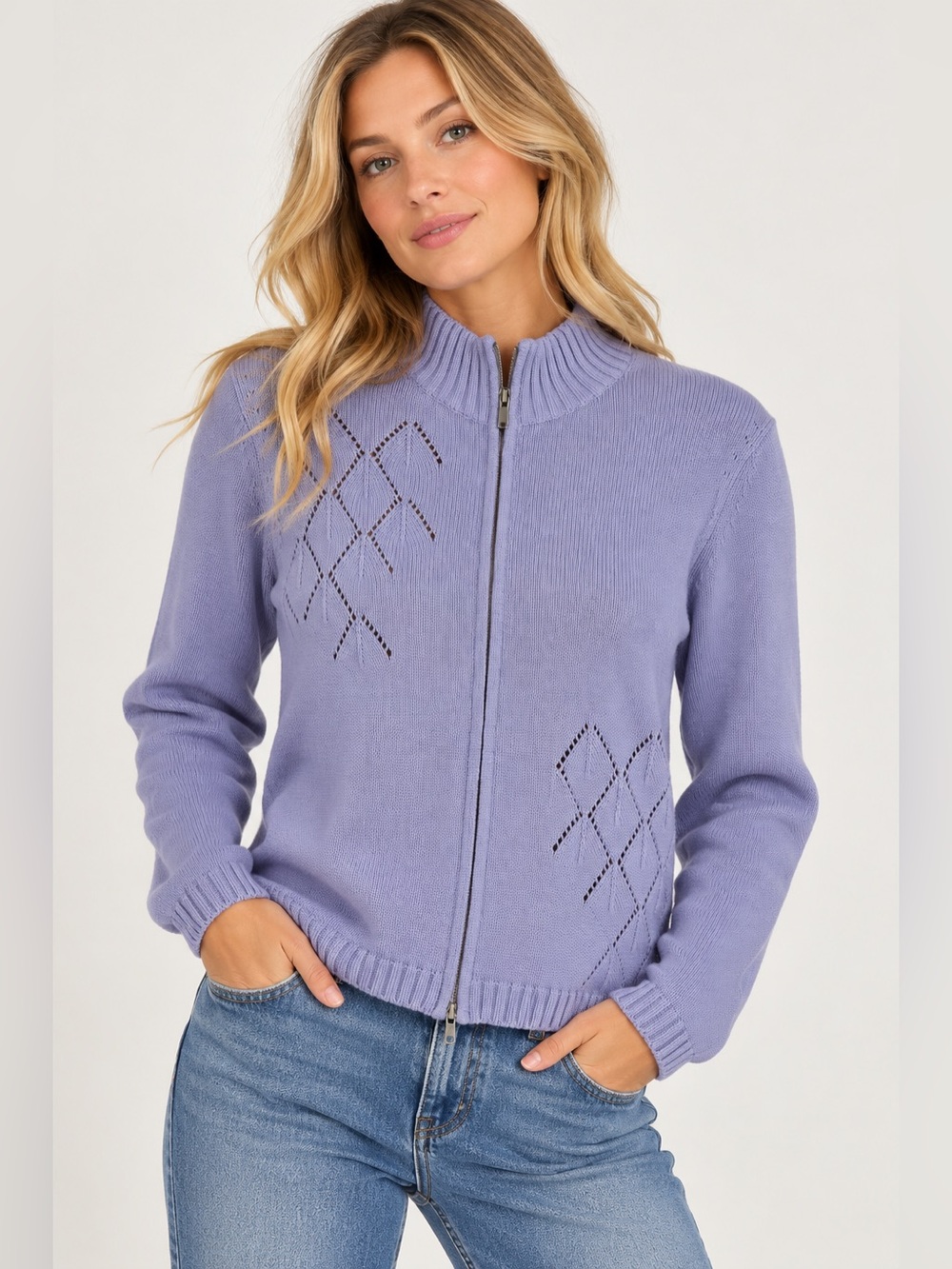 Vintage Nordstrom Lavender Zip-Front Knit Cardigan
